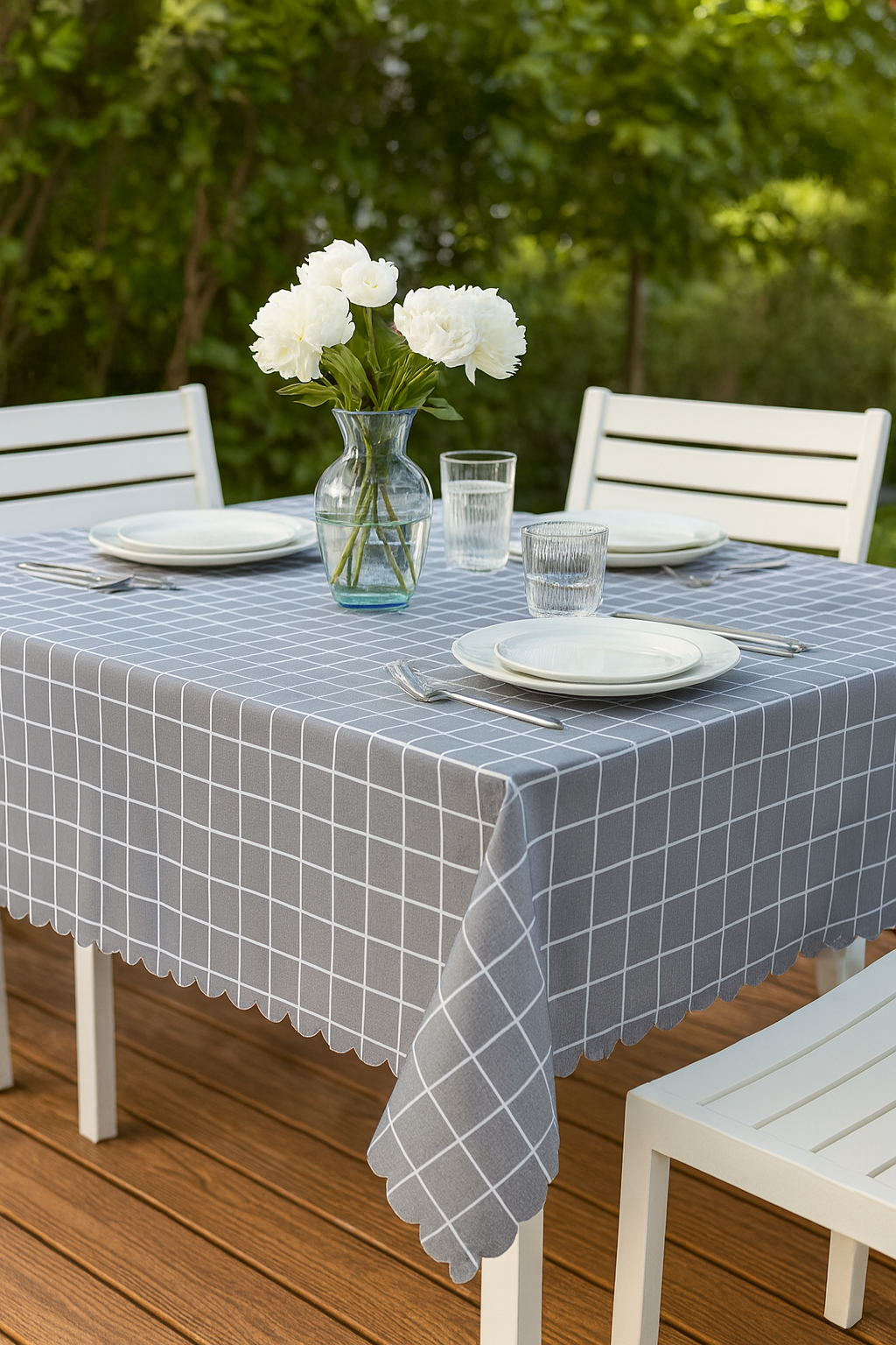 Grey-White Plaid Waterproof Scalloped Tablecloth