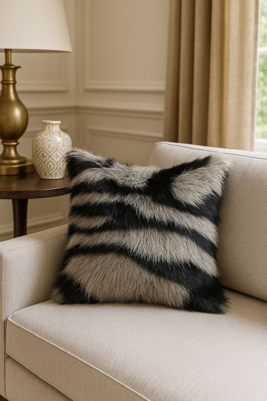 Grey and Black Zebra Stripe Faux Fur 18" Throw Pillow