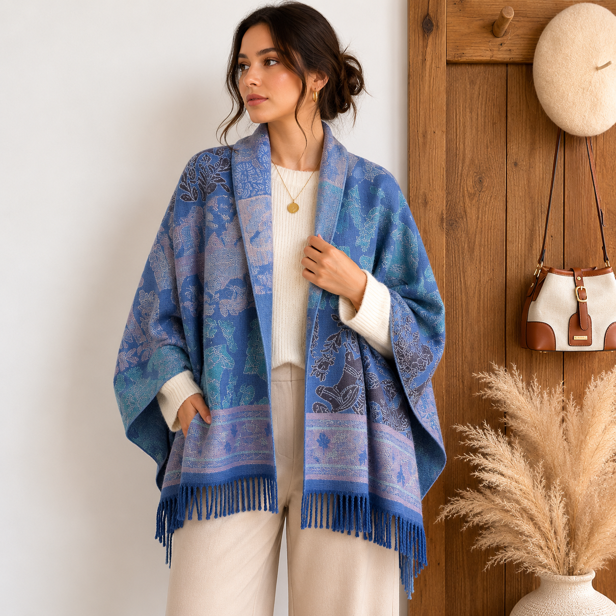 Blue Boho Paisley Jacquard Cashmere-Feel Shawl Wrap