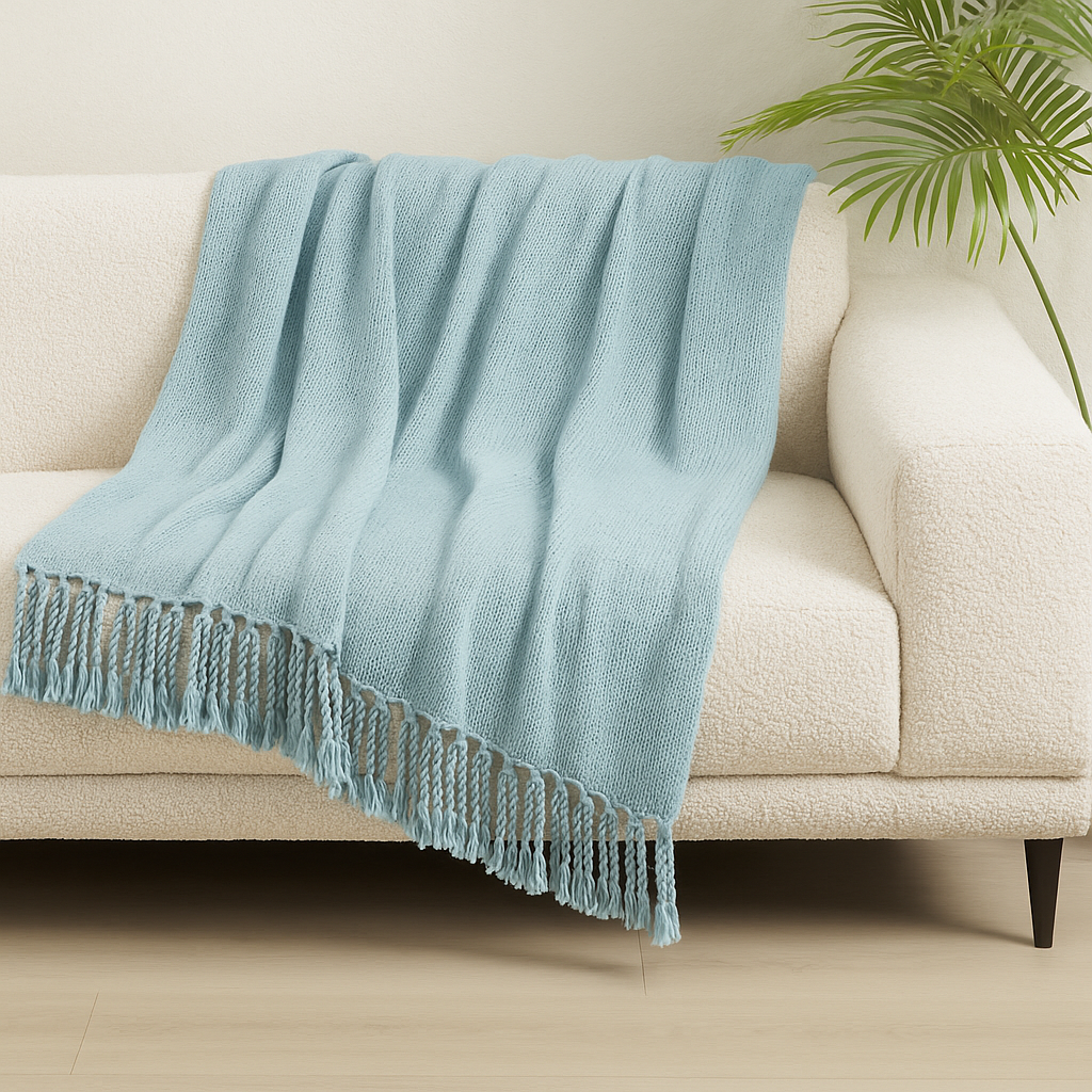 Aqua Classic Woven Fringed 50"X60" Throw Blanket