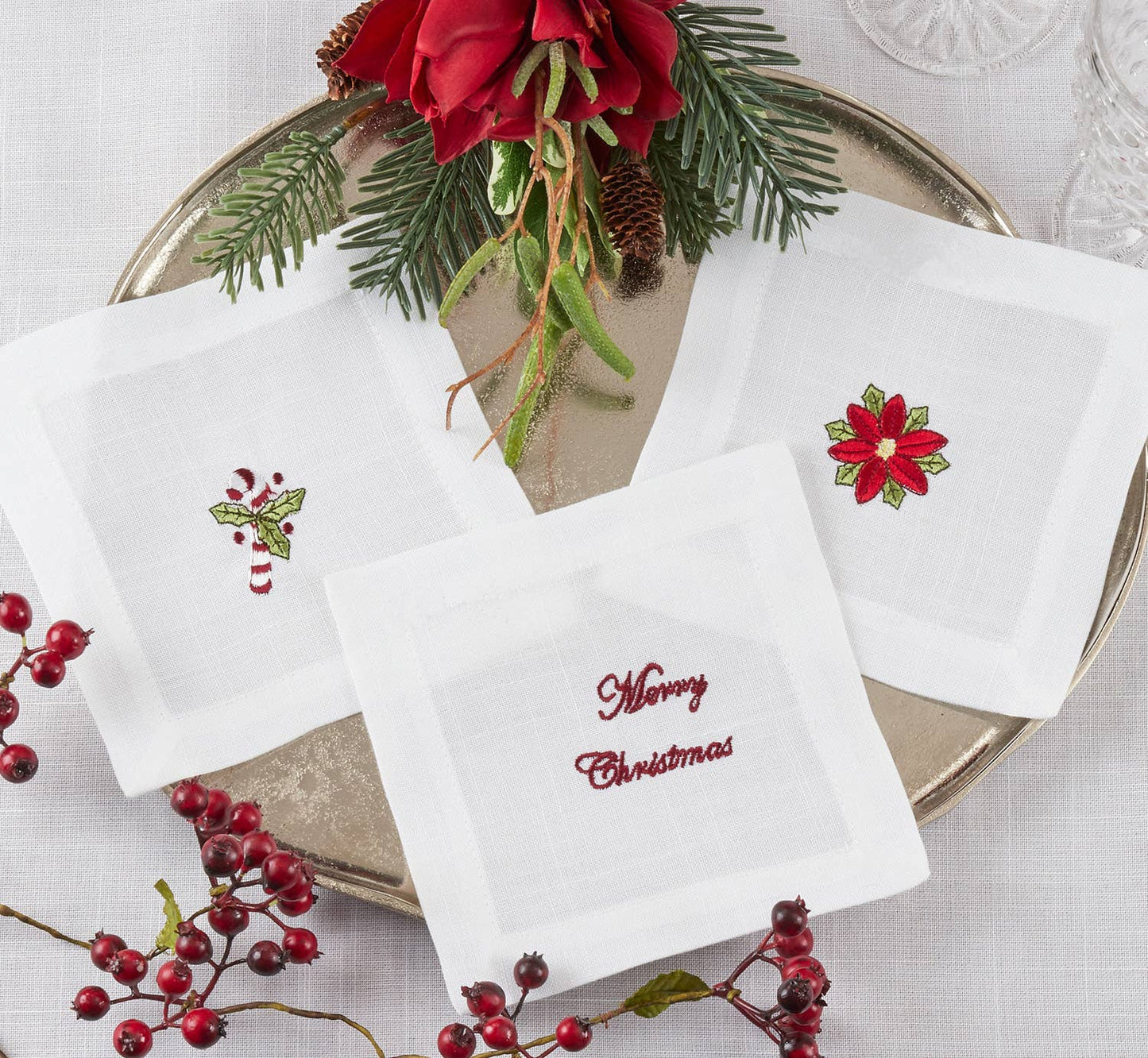Holiday Embroidery Design White 6" Coaster Napkin set of 4