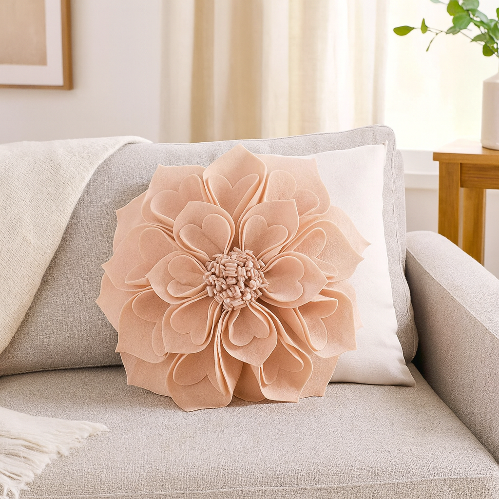 Rose Pink 3D Heart-Shaped Petal Flower Throw Pillow