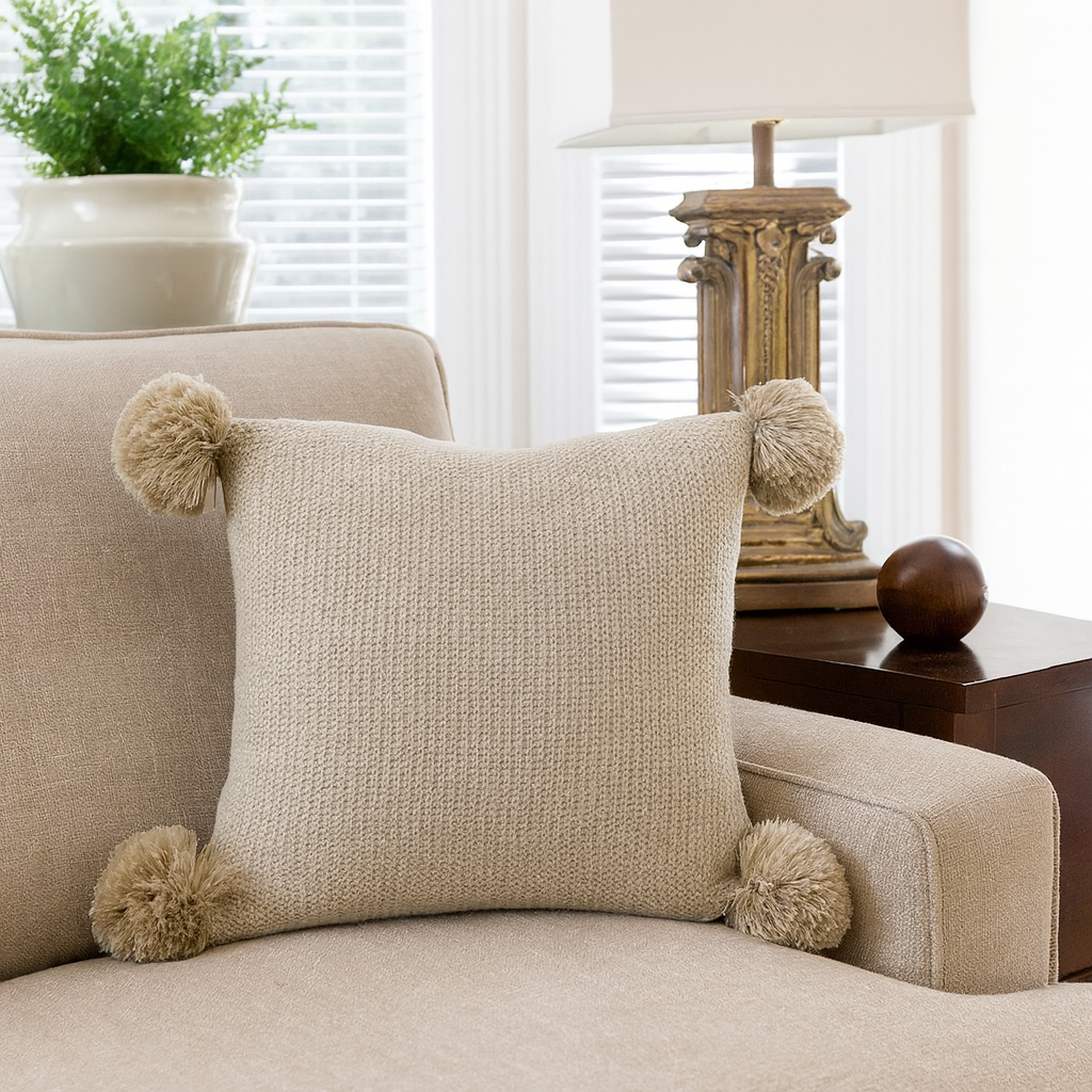 Khaki Chunky Knit Pom Pom 16" Throw Pillow