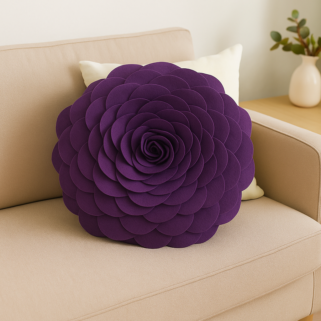 Violet Purple 3D Rose Flower Petal Decorative Throw Pillow
