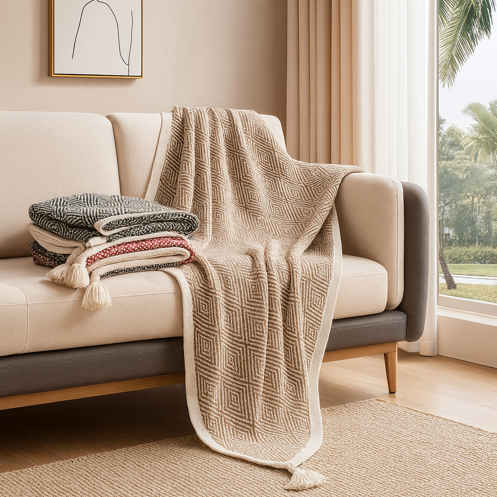 Geometric Diamond Check 50"x60" Throw Blanket with Tassel