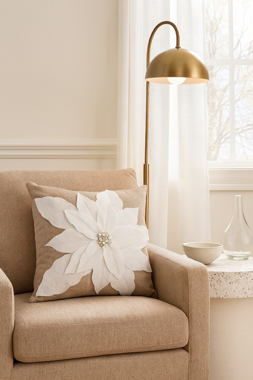 White Felt Poinsettia Silver Belts Natural 17" Throw Pillow
