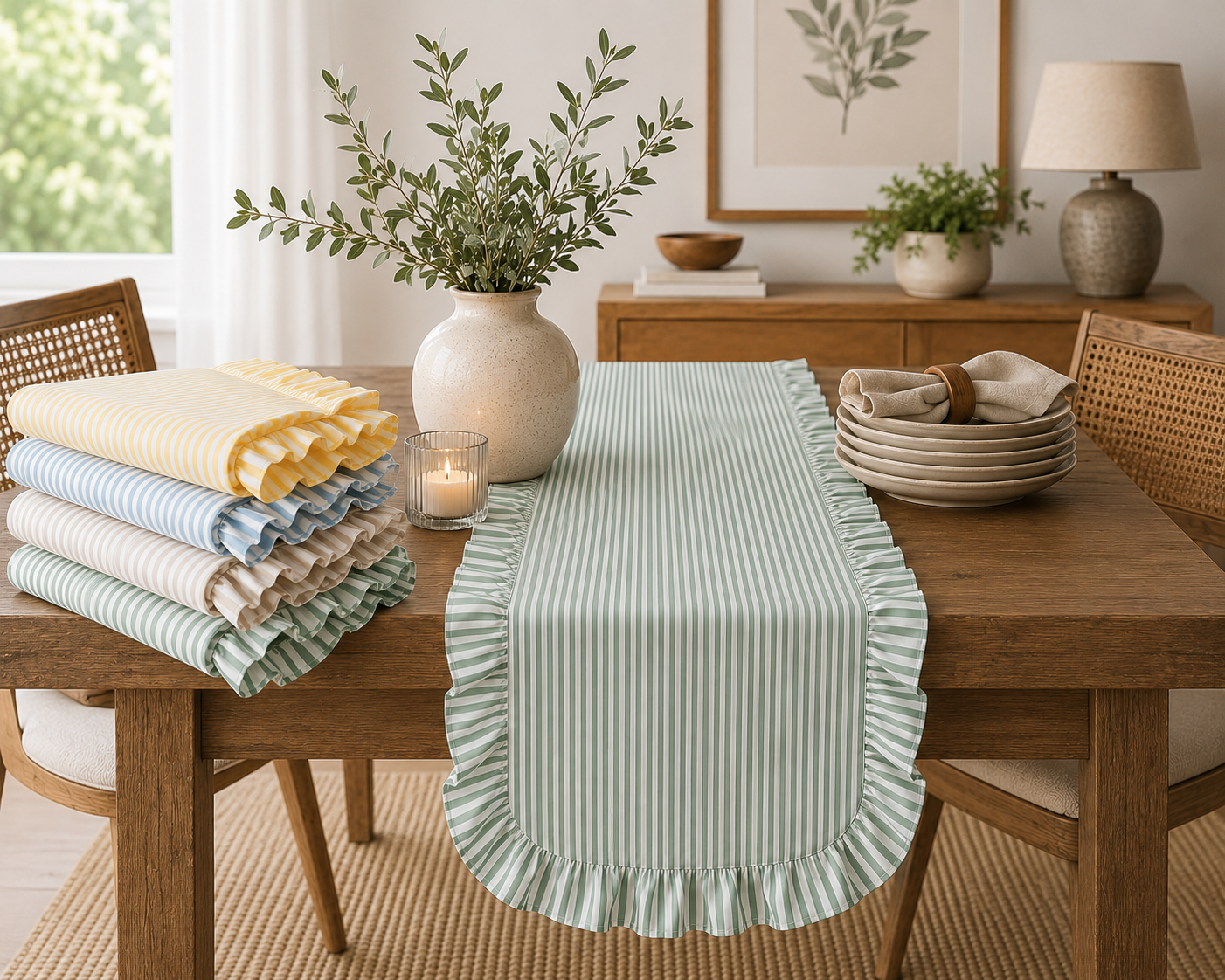 Rustic Striped Ruffle Table Runner with Lining