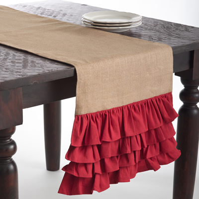 Red Ruffle Burlap Table Runner