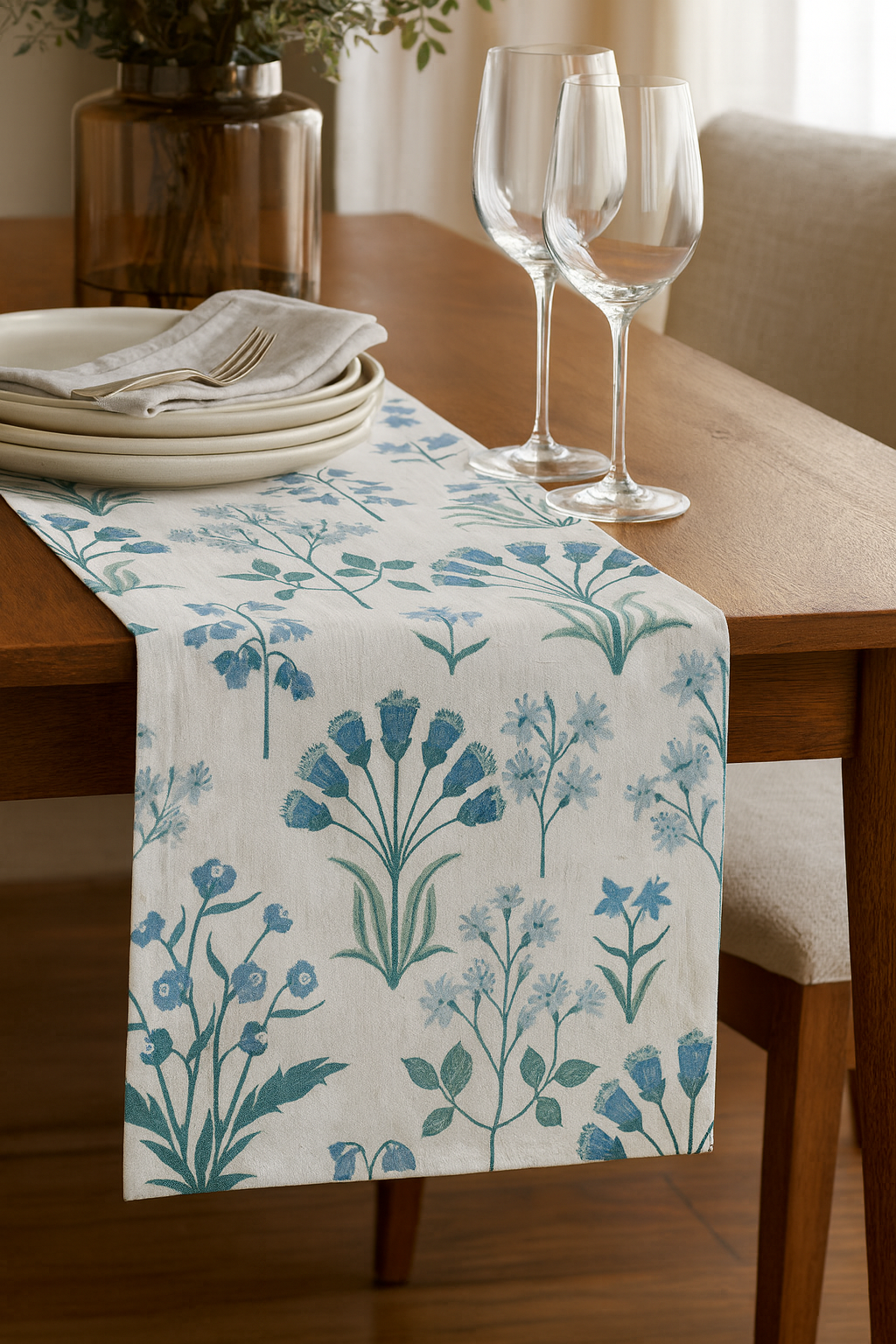 Blue Flower Design 13x71 Inch Reversible Table Runner