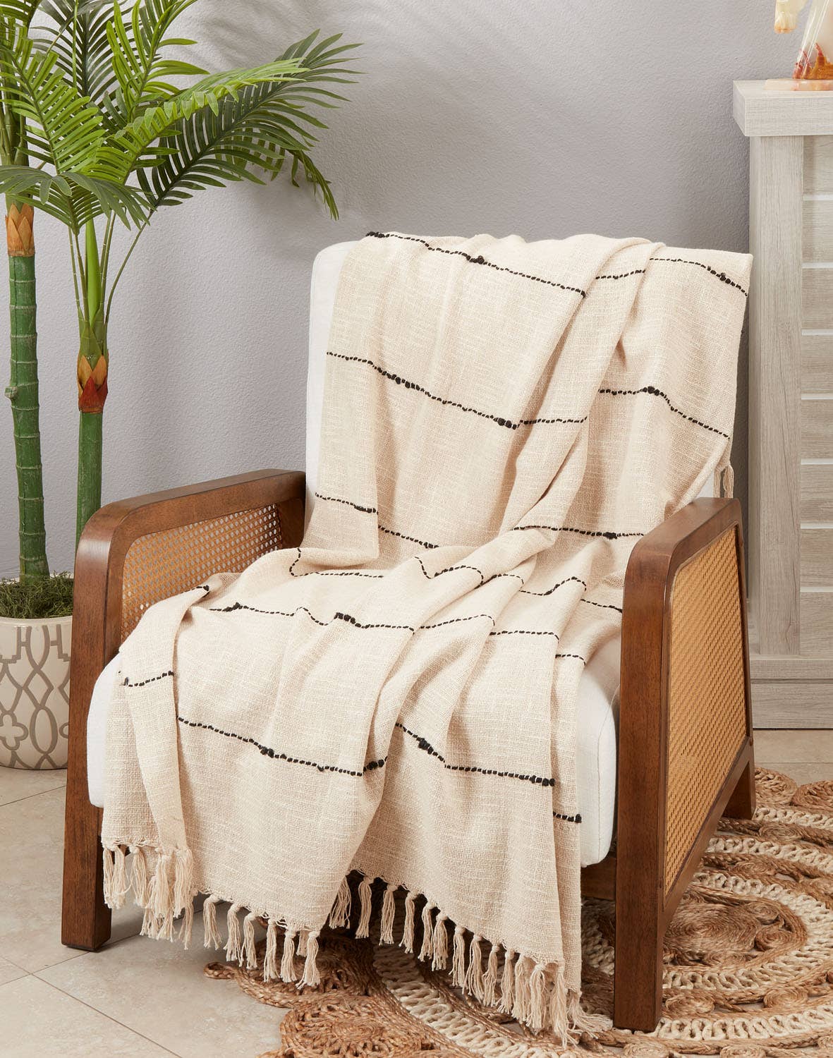 Striped Woven Fringed Natural Cotton 50x60 Throw Blankets