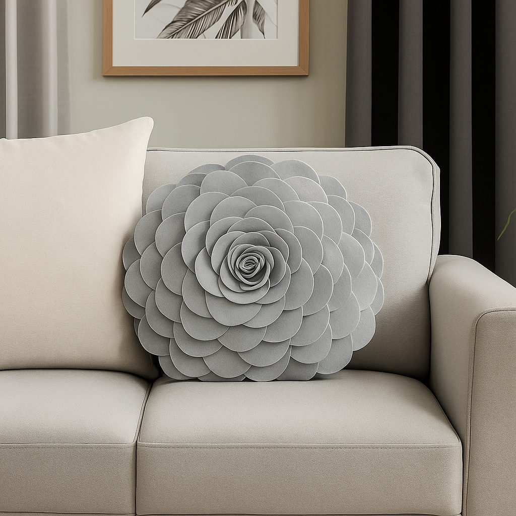 Gray 3D Rose Flower Petal Decorative Throw Pillow