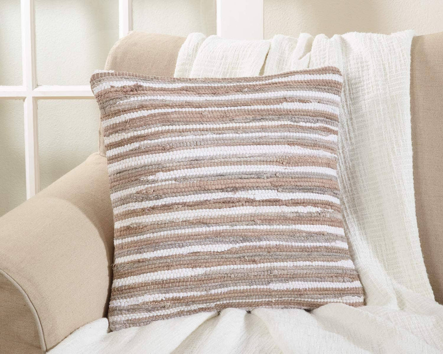 4877 - Natural Chindi Woven Down Filled Cotton 18" Throw Pillow