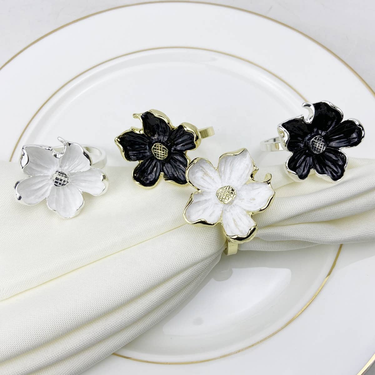 Enameled Flower Metal Napkin Ring Holder