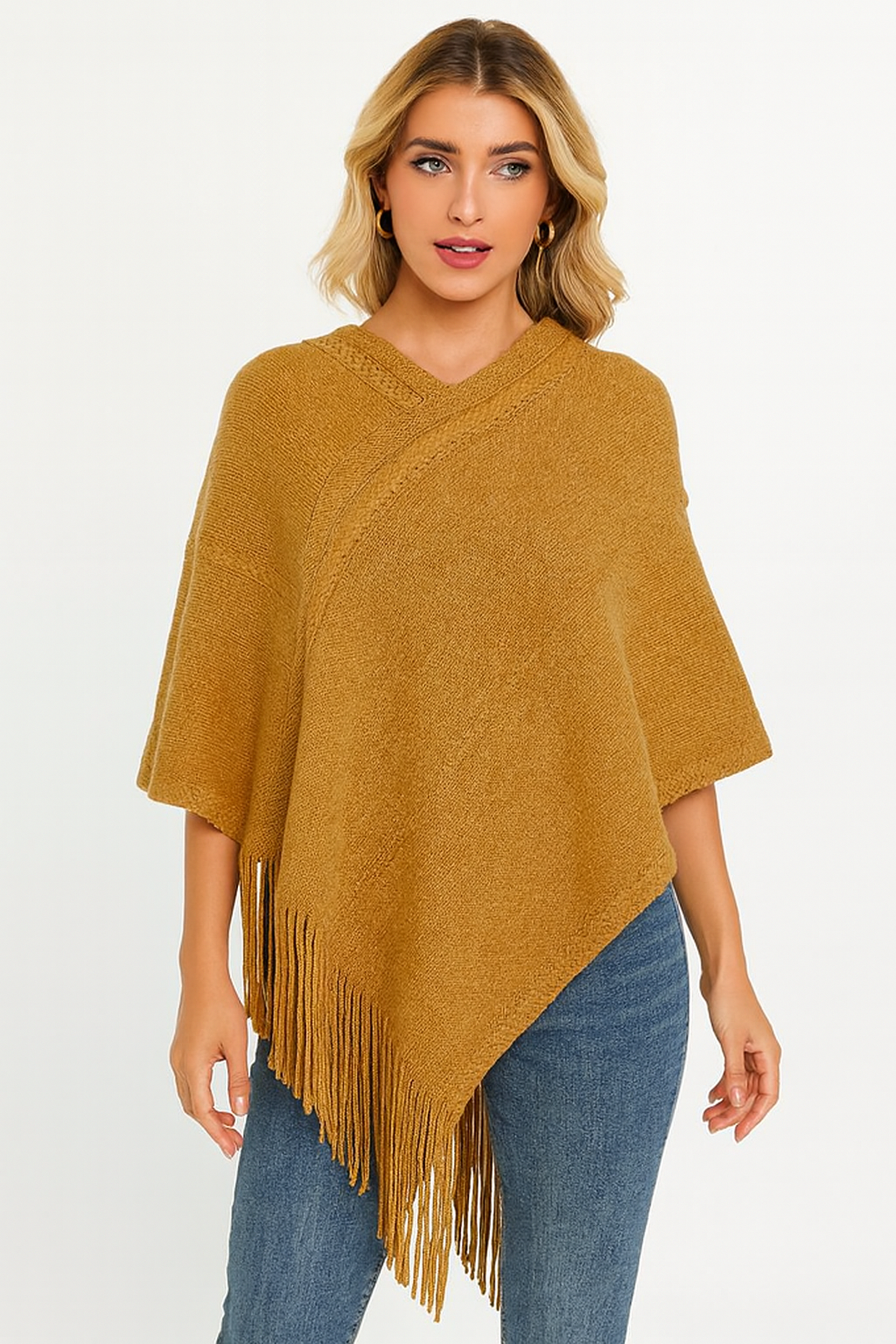 Camel Brushed Knit Sweater Poncho with Fringe