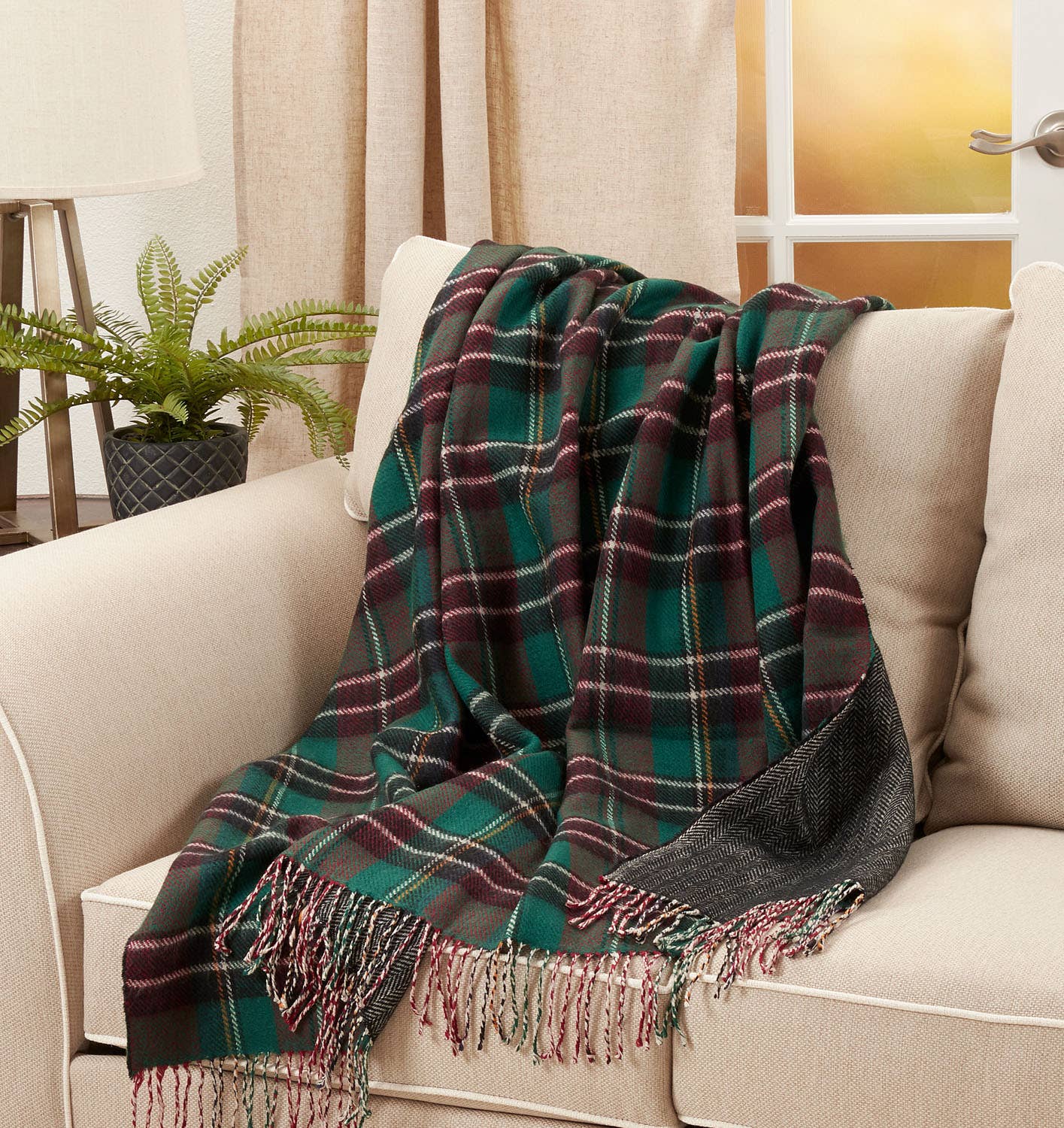Classic Green Plaid Reversible Throw Blanket with Fringe