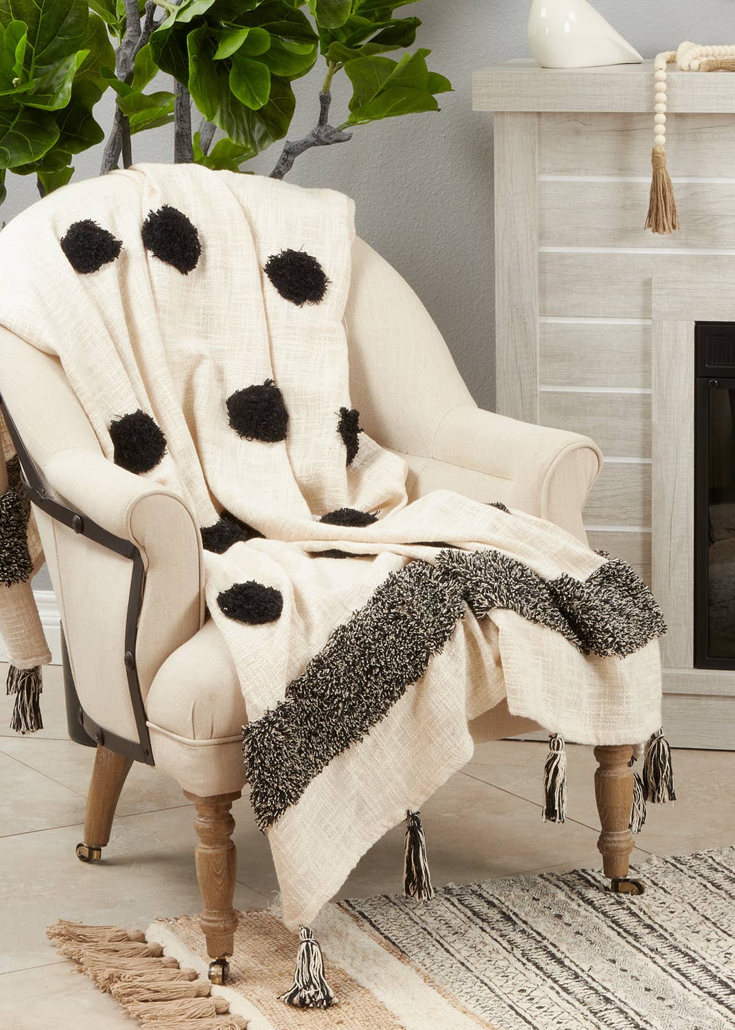 Black & White Boho Tufted Dot Tassel Cotton Throw Blanket