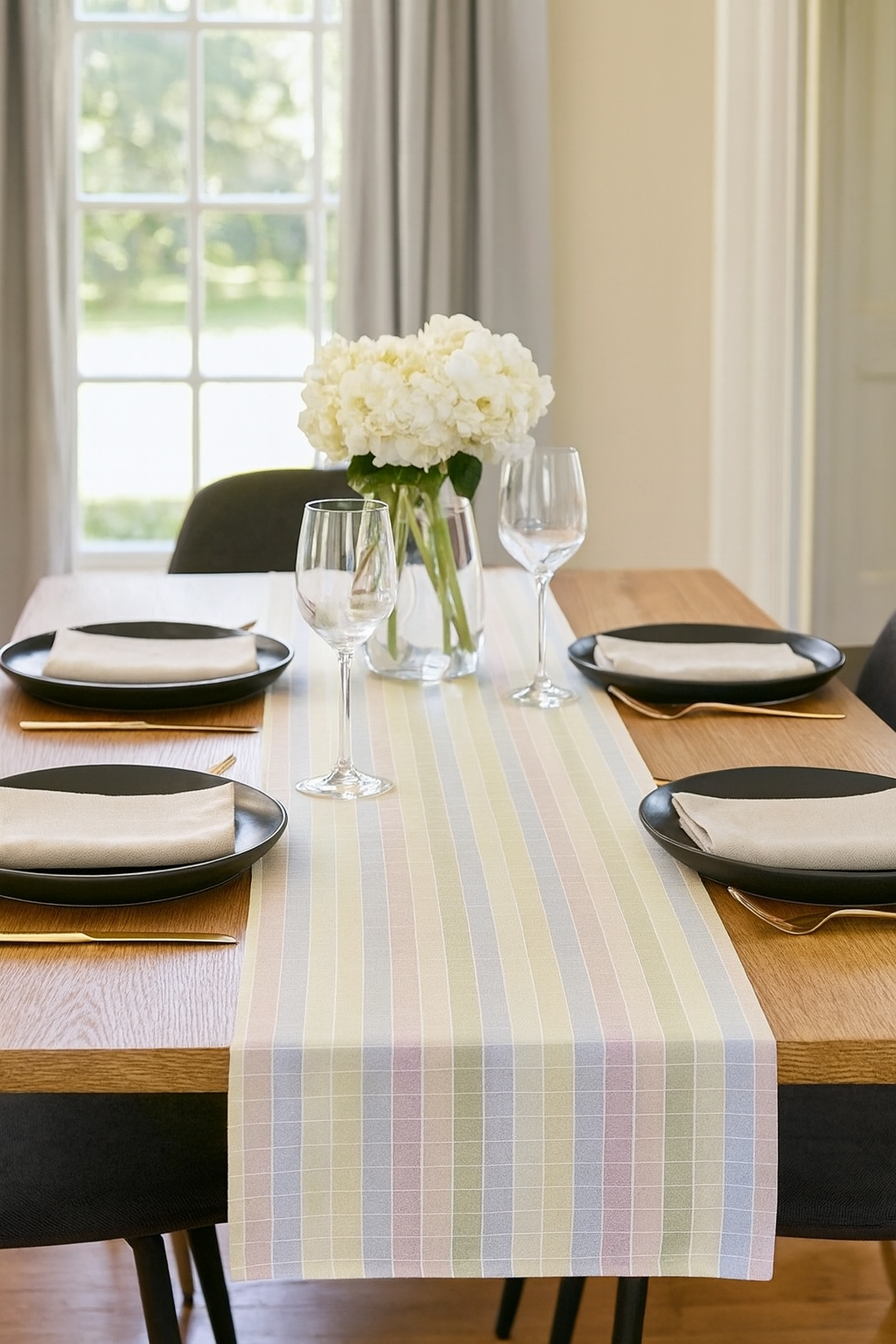 Pastel Stitched Check Cotton Table Runner