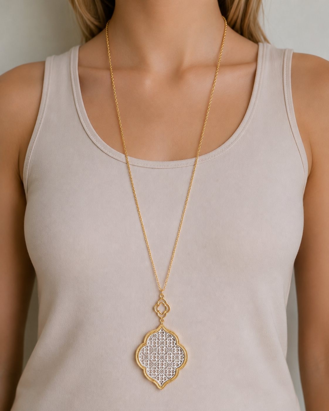 Gold and Silver Cut-off Filigree Quatrefoil Pendant Necklace