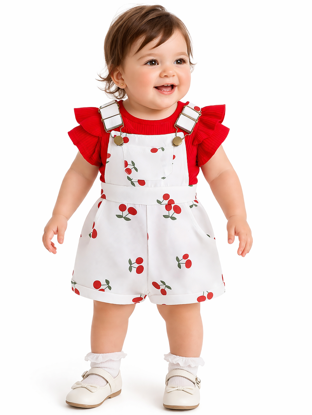 Cherry Print Baby Overall Shorts with Ruffle Sleeve Top