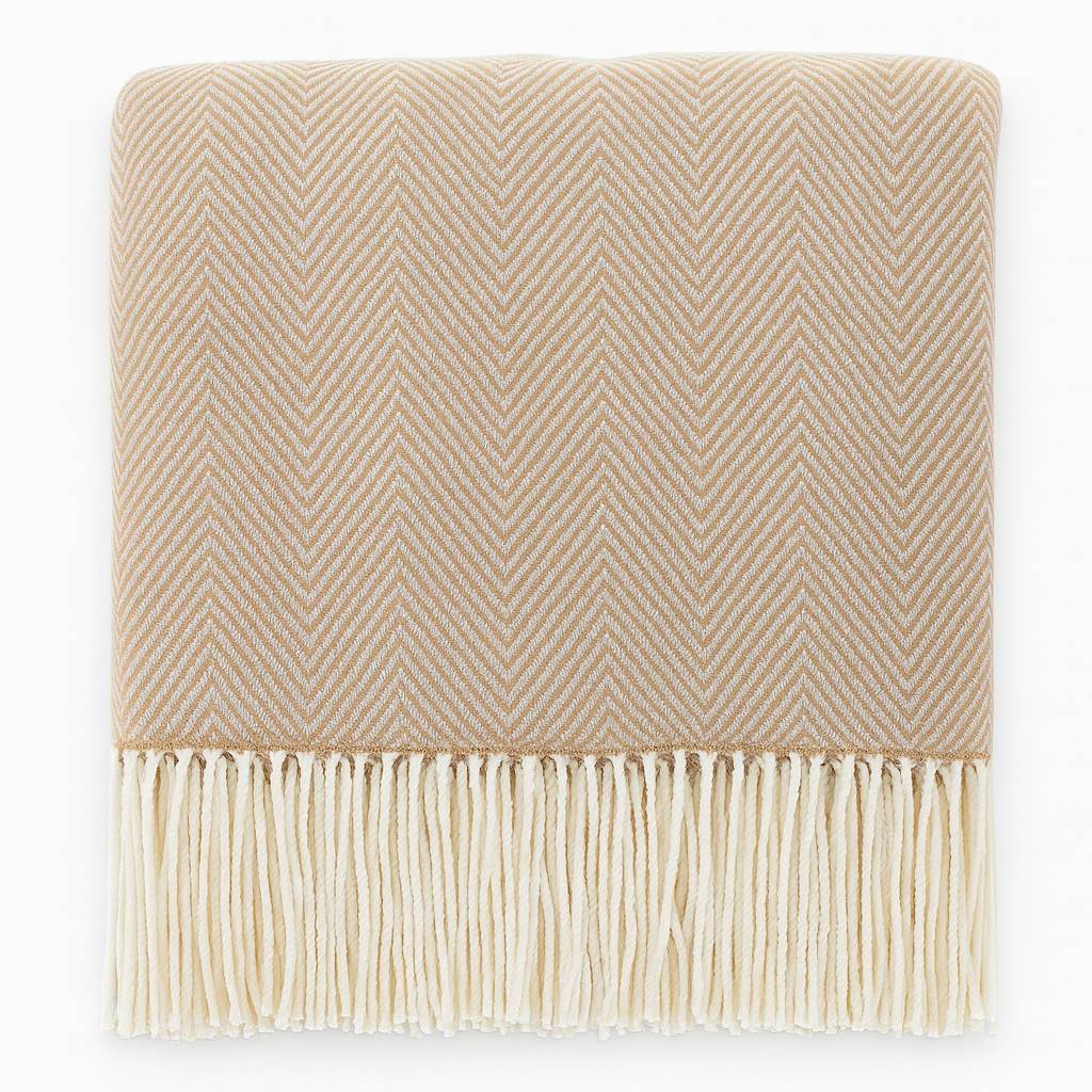Camel Herringbone Fringed 50x60 Inch Throw Blanket