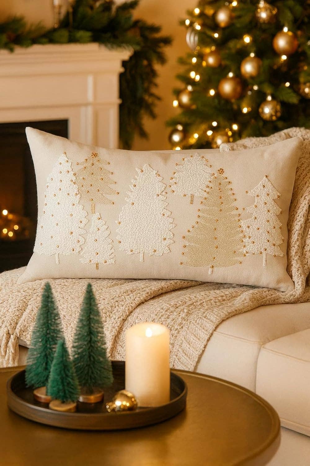 Ivory Embroidered Christmas Tree 12"x20" Throw Pillow
