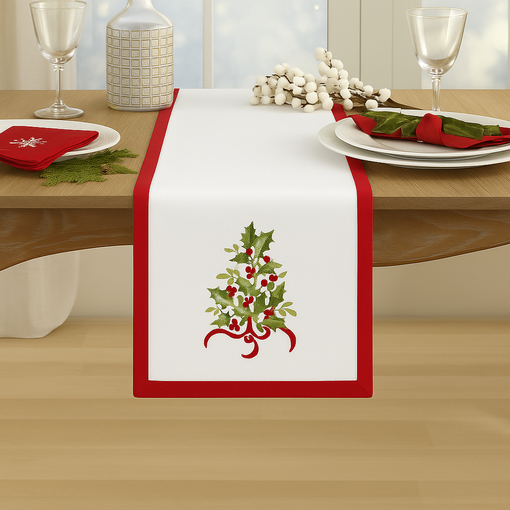 Red White Embroidered Holly Tree Table Runner