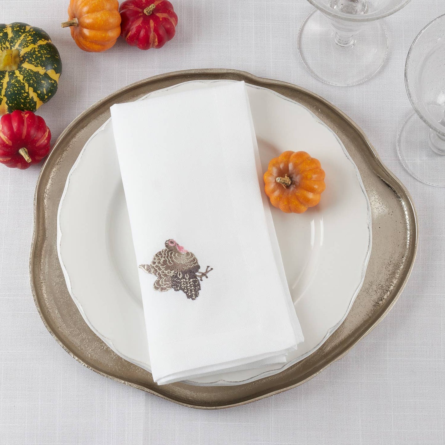 Embroidered Turkey 20" White Cloth Napkin