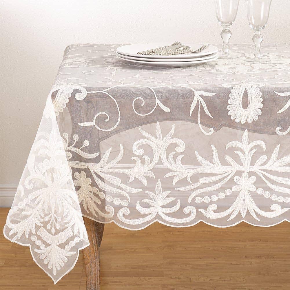 Ivory Embroidered Floral 54" Square Tablecloth