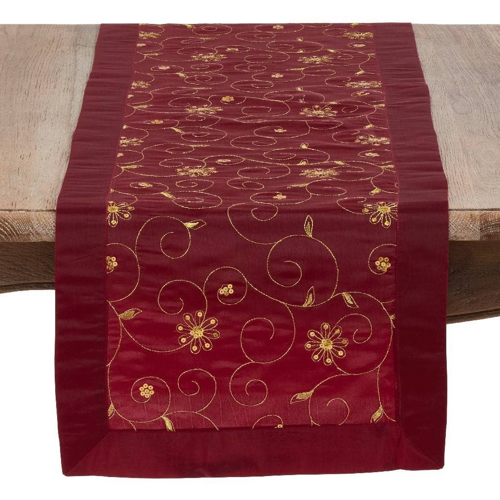 Gold Embroidery & Sequin Burgundy Holiday Table Runner