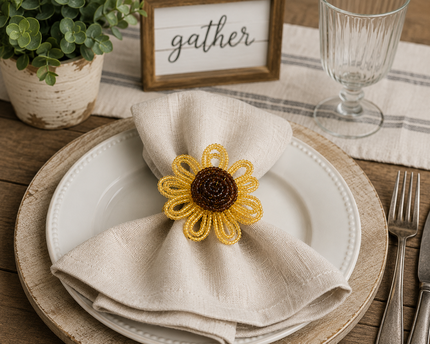 Sunflower Bloom Hand-Beaded Napkin Ring