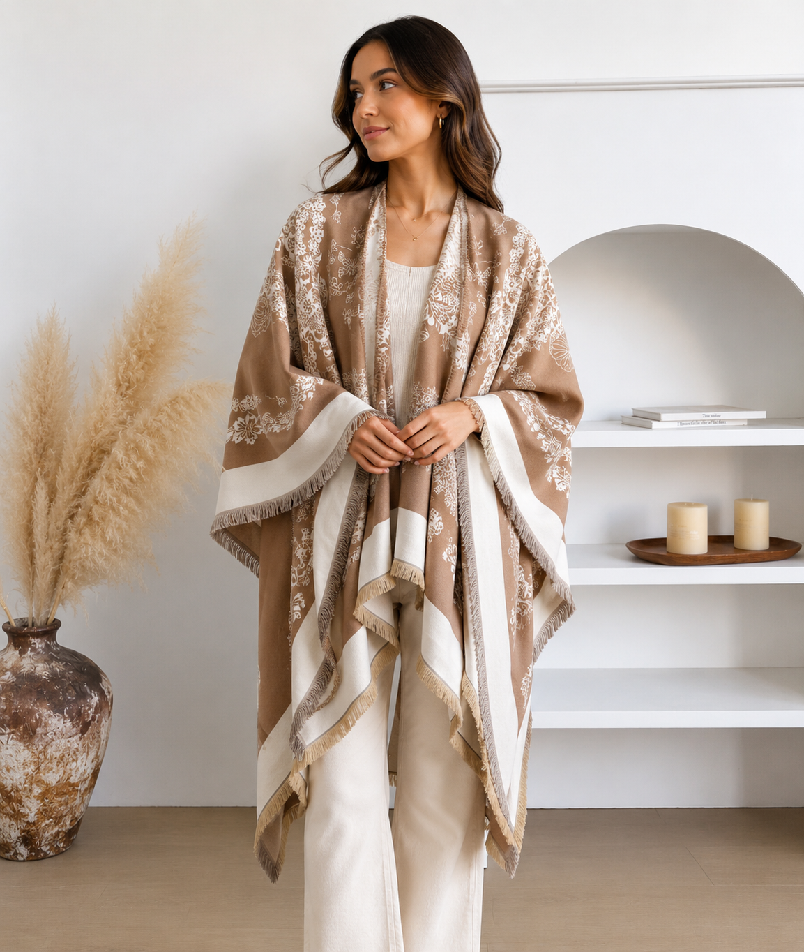 Camel Floral Jacquard Cashmere-Feel Ruana Wrap