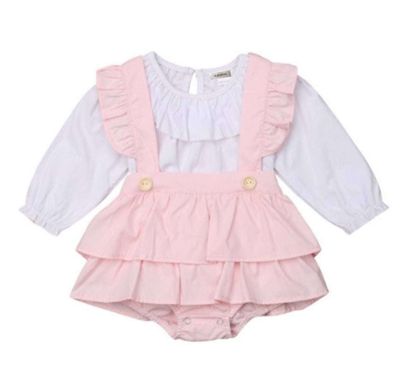 Ruffle Collar White Baby Blouse & Suspender Pink Bloomers