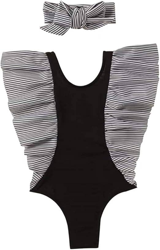 Black Striped Ruffle Toddler Girl Swimsuit & Headband
