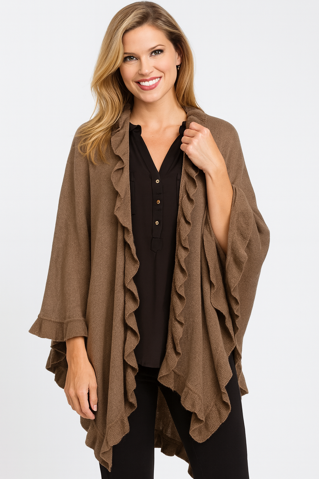 Mocha Trim Knit Open Front Warm Poncho Cape