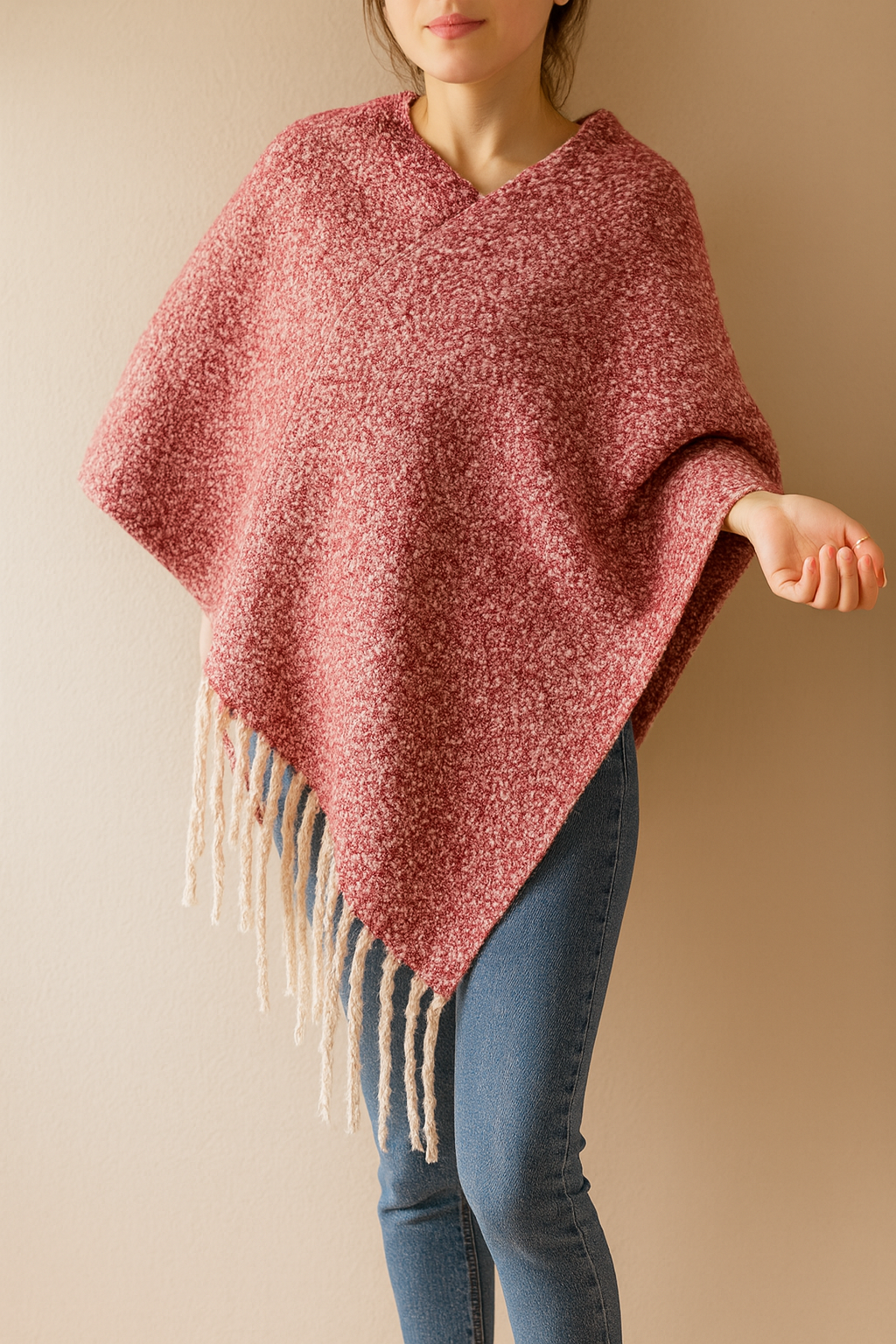 Plum Red Knit Tasseled Hooded Poncho