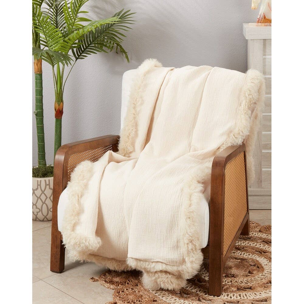 Natural Lamb Fur Trim Linen 55x70 Throw Blanket