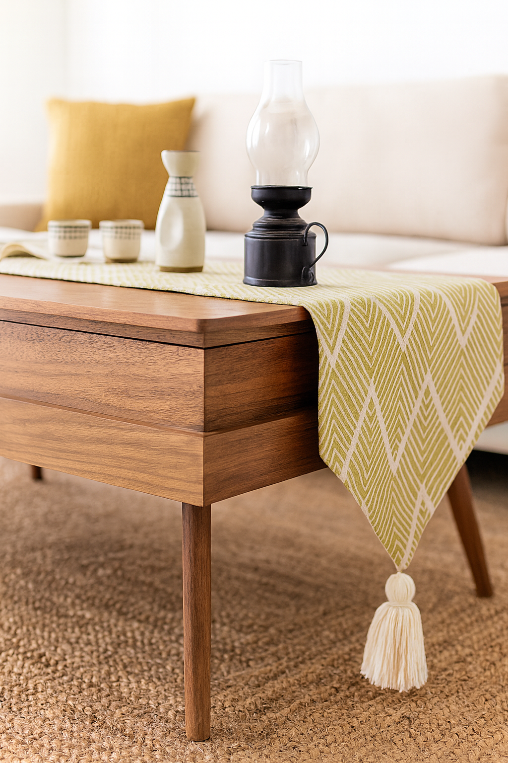 Yellow Green Chevron Cotton Blend 14"x71" Table Runner