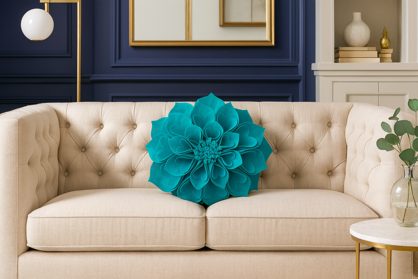 Teal 3D Heart-Shaped Petal Flower Throw Pillow