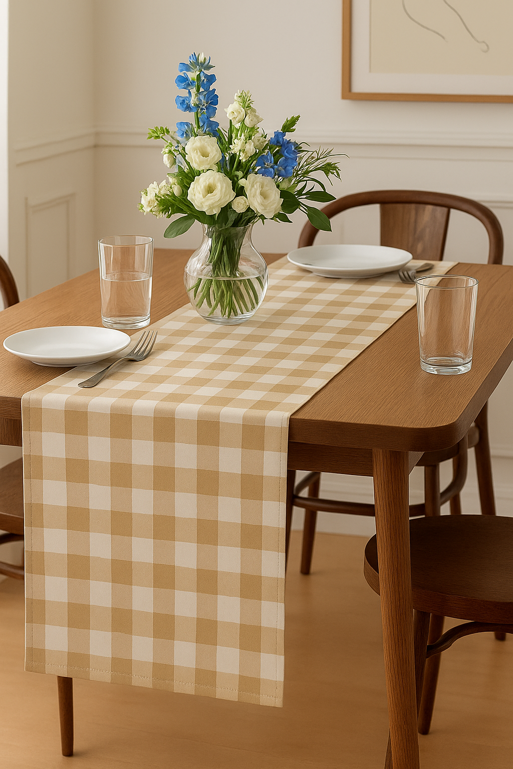 Beige-White Handmade Buffalo Check Table Runner