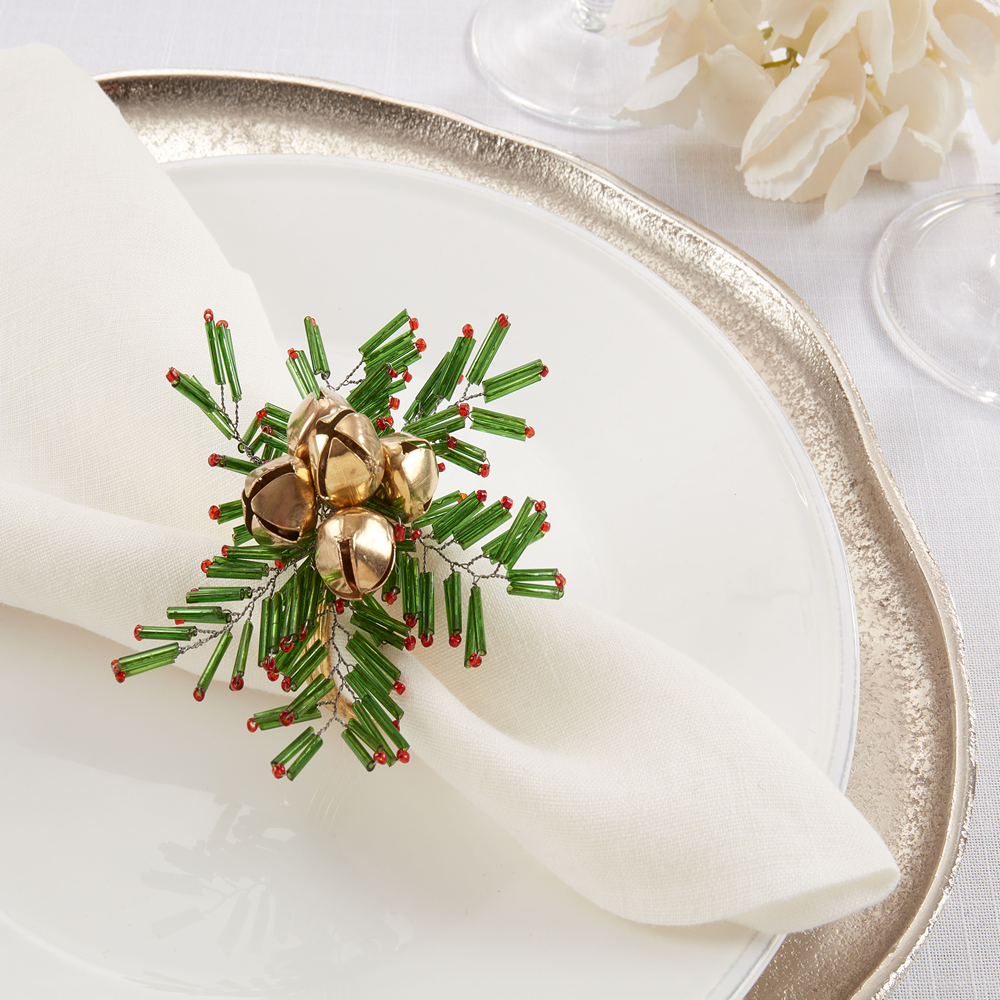 Red and Green Beaded Snowflake and Bells Napkin Ring
