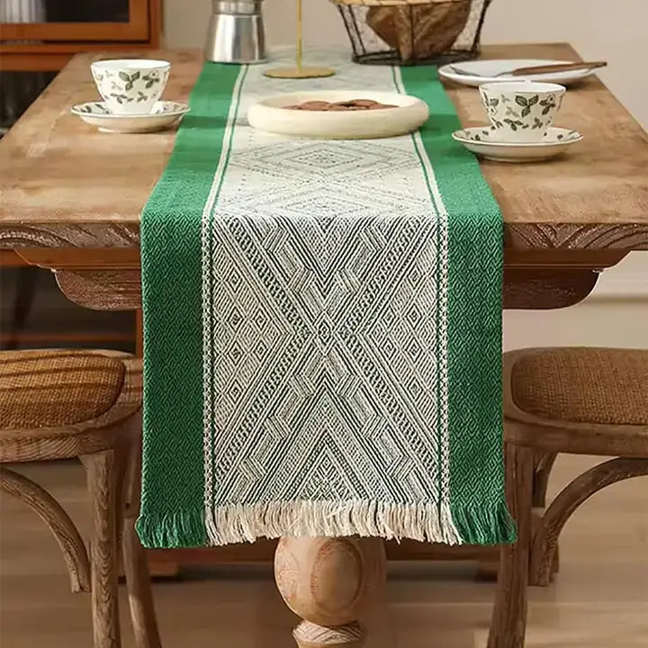 Emerald Diamond Weave Fringed Cotton Blend Table Runner