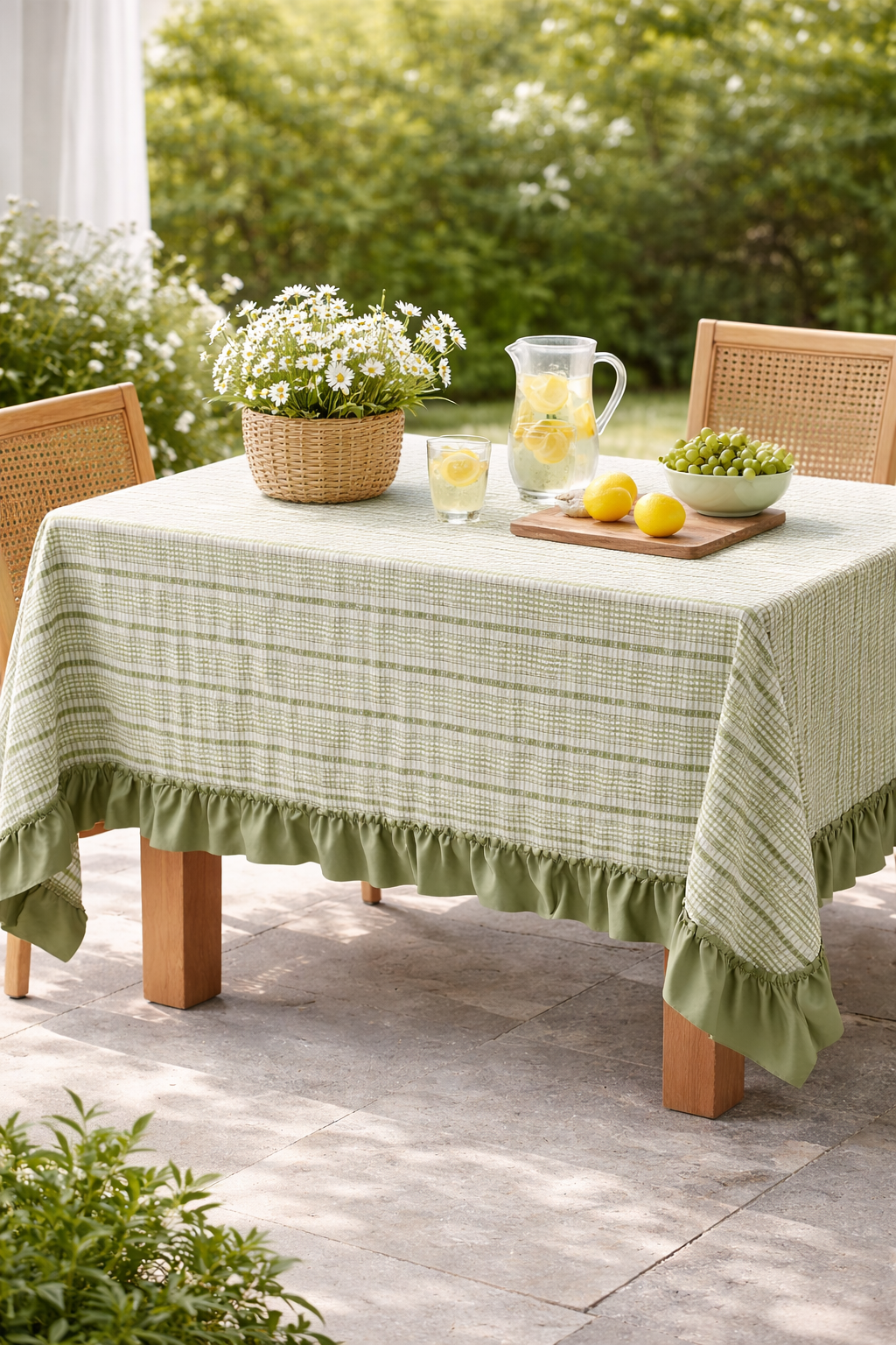Green Checkered Tablecloth with Ruffled Hem