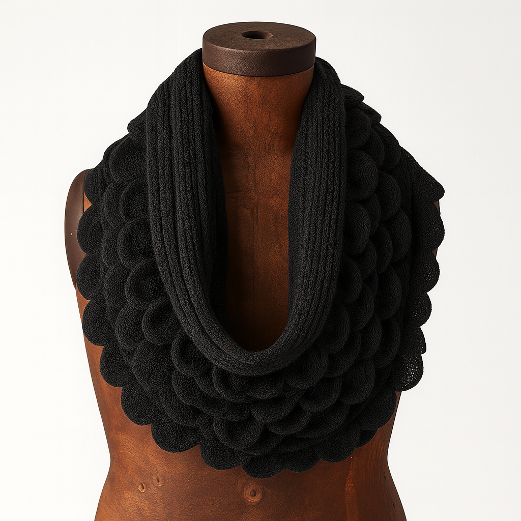 Black Oversized Scalloped Ruffle Knit Infinity Scarf