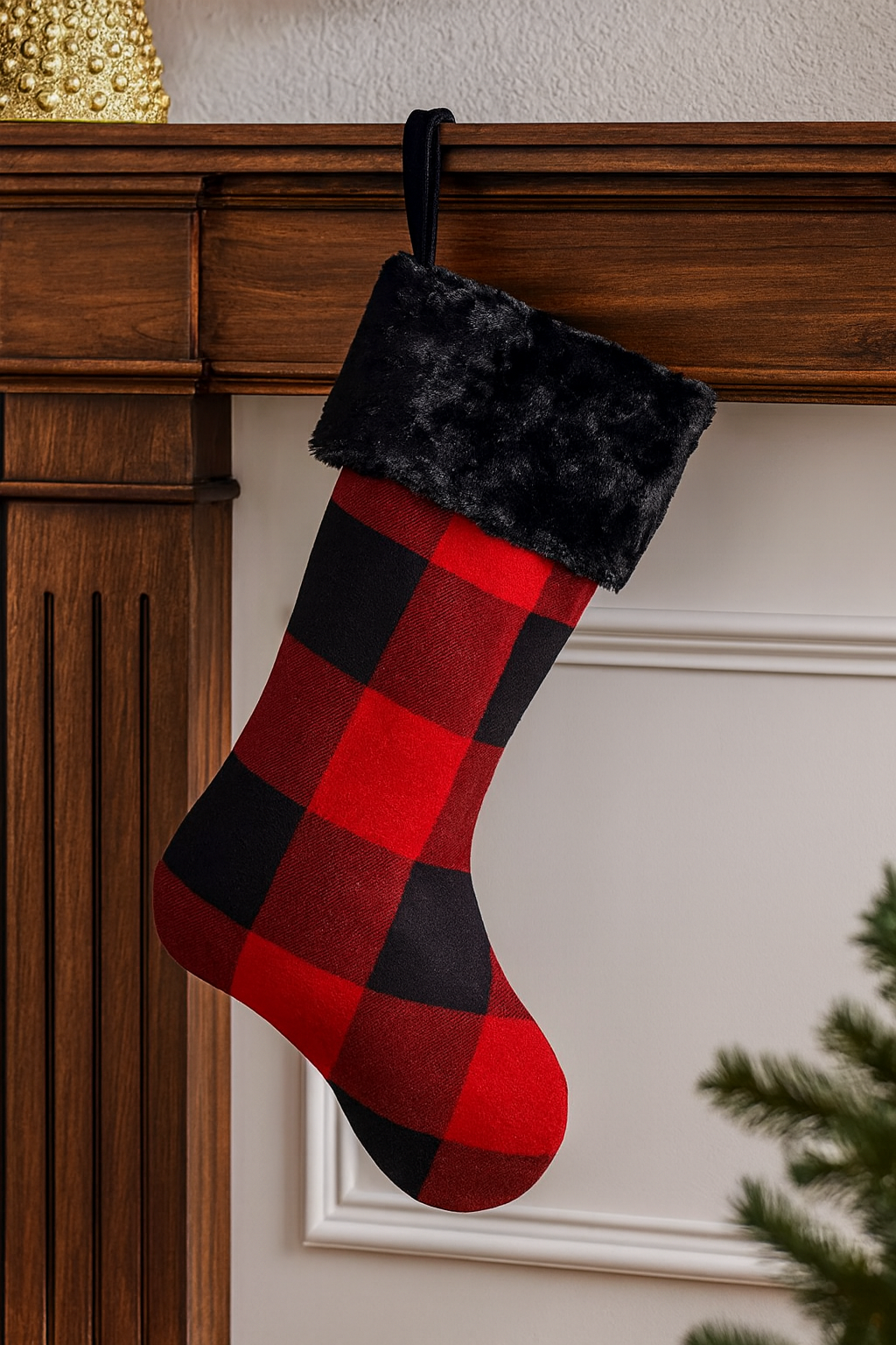 Red & Black Buffalo Plaid Faux Fur Christmas Stocking