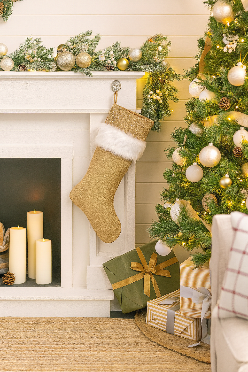 Faux Fur Beaded Jute Natural Christmas Stocking