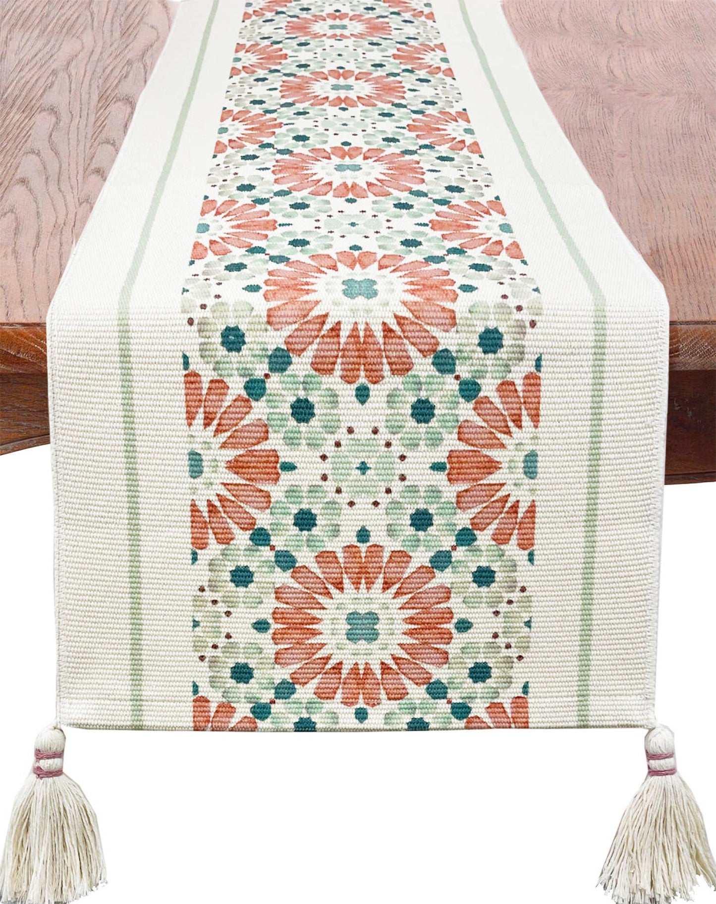 Coral Geometric Floral Cotton Table Runner
