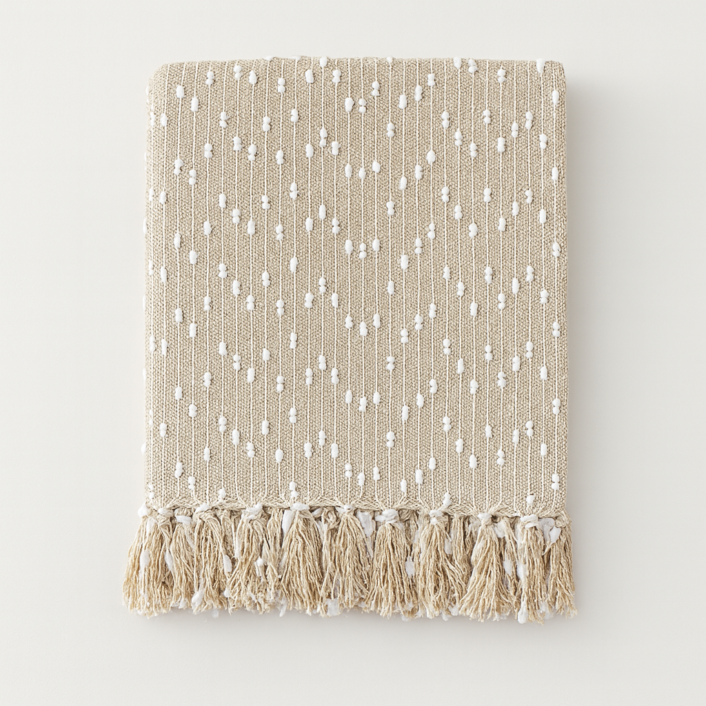 Ivory Petite Pompon Design Throw Blanket