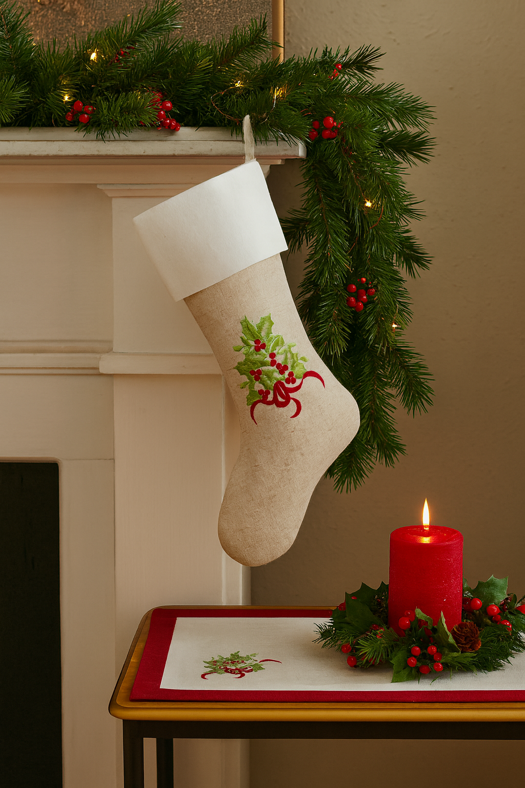 White & Natural Embroidered Holly Christmas Stocking