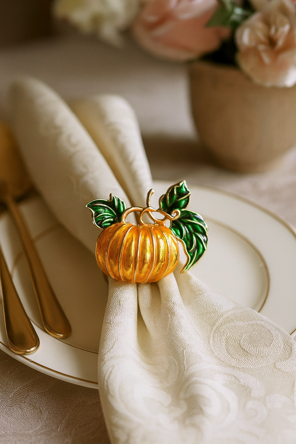 Harvest Pumpkin Cloisonné Brass Napkin Ring