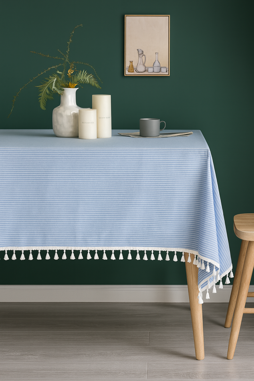 Blue and White Pinstripe Cotton Blend Tablecloth with Fringe